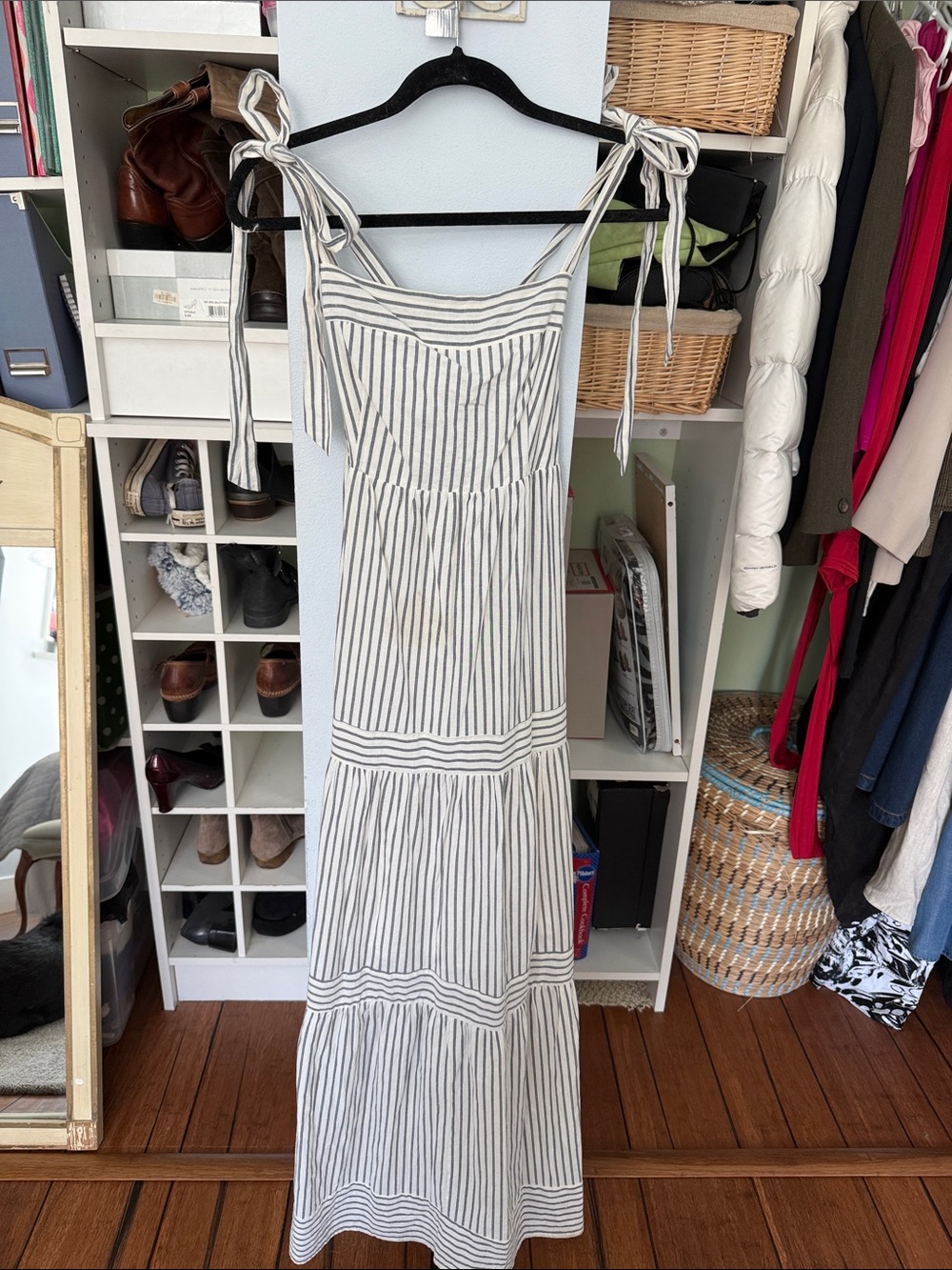 Striped Tie-Shoulder Maxi Dress in White with Black Stripes